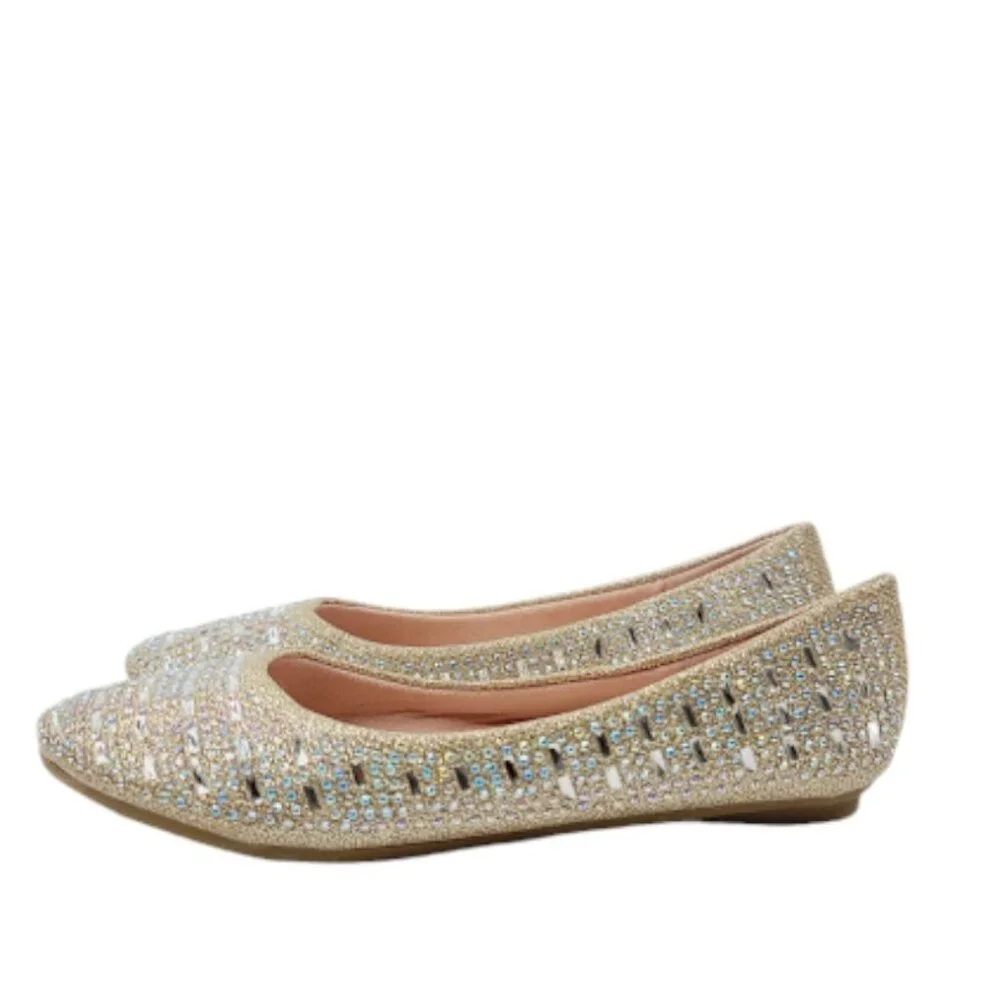 Link Girl's Beige Mirror Beaded Princess Dress Slip-On Ballet Flat Size 3‎